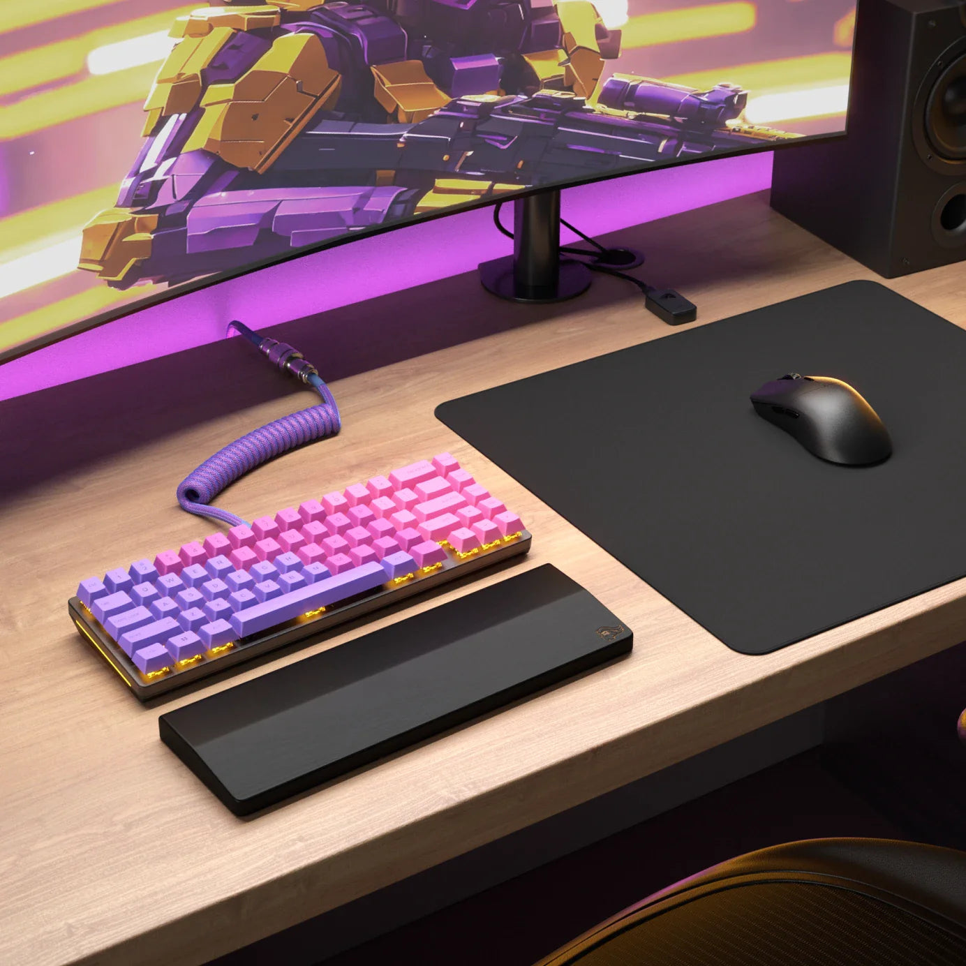 GMMK 2 keyboard featuring GPBT Nebula keycaps and a PRO mouse in a pink themed desk setup